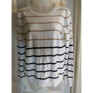 J Crew Pullover Sweater White Gold Black Stripes Sz M Pit To Pit 19 Length 24